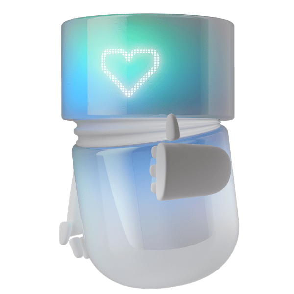 AI Agent mit leuchtendem Herzsymbol auf dem Display und Daumen-hoch-Geste.