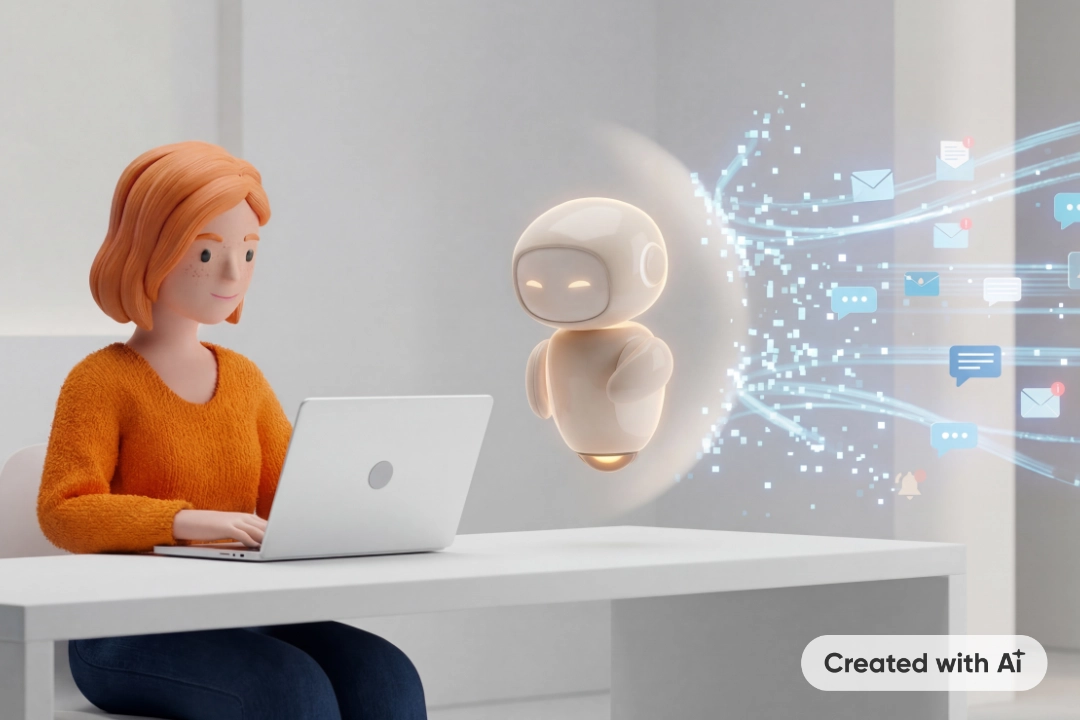 Lena Meier, cliente fedele, è seduta a un tavolo e lavora su un laptop. Accanto a lei fluttua un piccolo assistente AI come figura 3D con superficie liscia e chiara e volto minimale. Sullo sfondo sono visibili simboli di e-mail, chat e notifiche digitali, che l’assistente AI tiene lontani da Lena con uno scudo luminoso. Created with AI