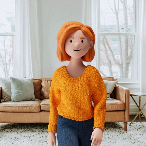 Lena Meier, a loyal customer, stands in a bright, modern living room with beige furniture and large windows.