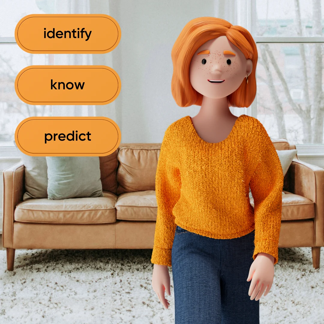 Lena Meier, cliente fedele, si trova in un soggiorno davanti a un divano. Accanto a lei, tre pulsanti arancioni riportano «identify», «know» e «predict». L’illustrazione rappresenta il Customer Value «Understand»: identificare la clientela, conoscerla meglio e prevederne le esigenze.