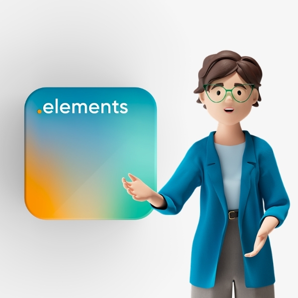 3D-Szene mit Andrea Adams, Business Analyst und begeisterte Benutzerin von BSI Elements. Neben ihr erscheint die grafische Darstellung der BSI Elements als bunte Kachel.