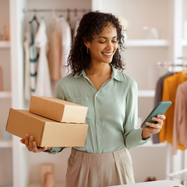 Junge Frau im Fashion-Store mit zwei Versandboxen in der Hand und Smartphone, nutzt Mobile Shopping und Omnichannel-Services für ein personalisiertes Customer Experience Management im Retail und E-Commerce.