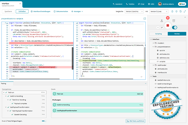 Vista di revisione nel modulo EIP della BSI Customer Suite - confronto del codice con modalità di versioning, commento e controllo per l'assicurazione della qualità della logica di interfaccia.