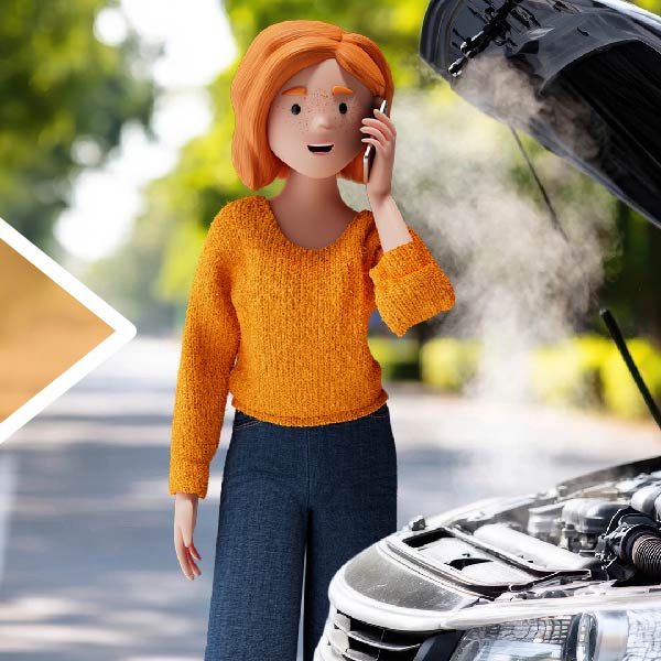 Illustration einer Frau mit orangefarbenem Pullover, die telefoniert, während aus dem Motorraum eines Autos Rauch aufsteigt. Szene auf einer Landstraße mit offenem Autodeckel, Symbol für Autopanne oder Motorüberhitzung.