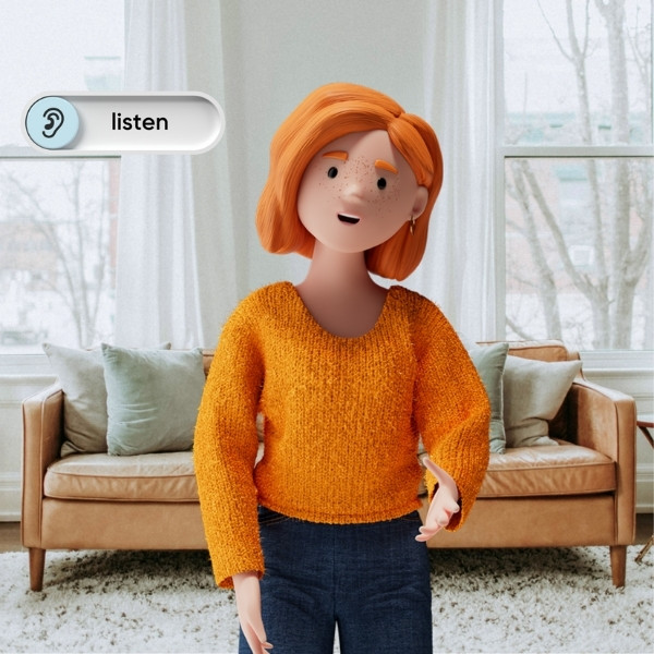 Lena Meier, the loyal customer, attentively addresses someone in a cozy living room – highlighting the value «listen» from the BSI Customer Value.