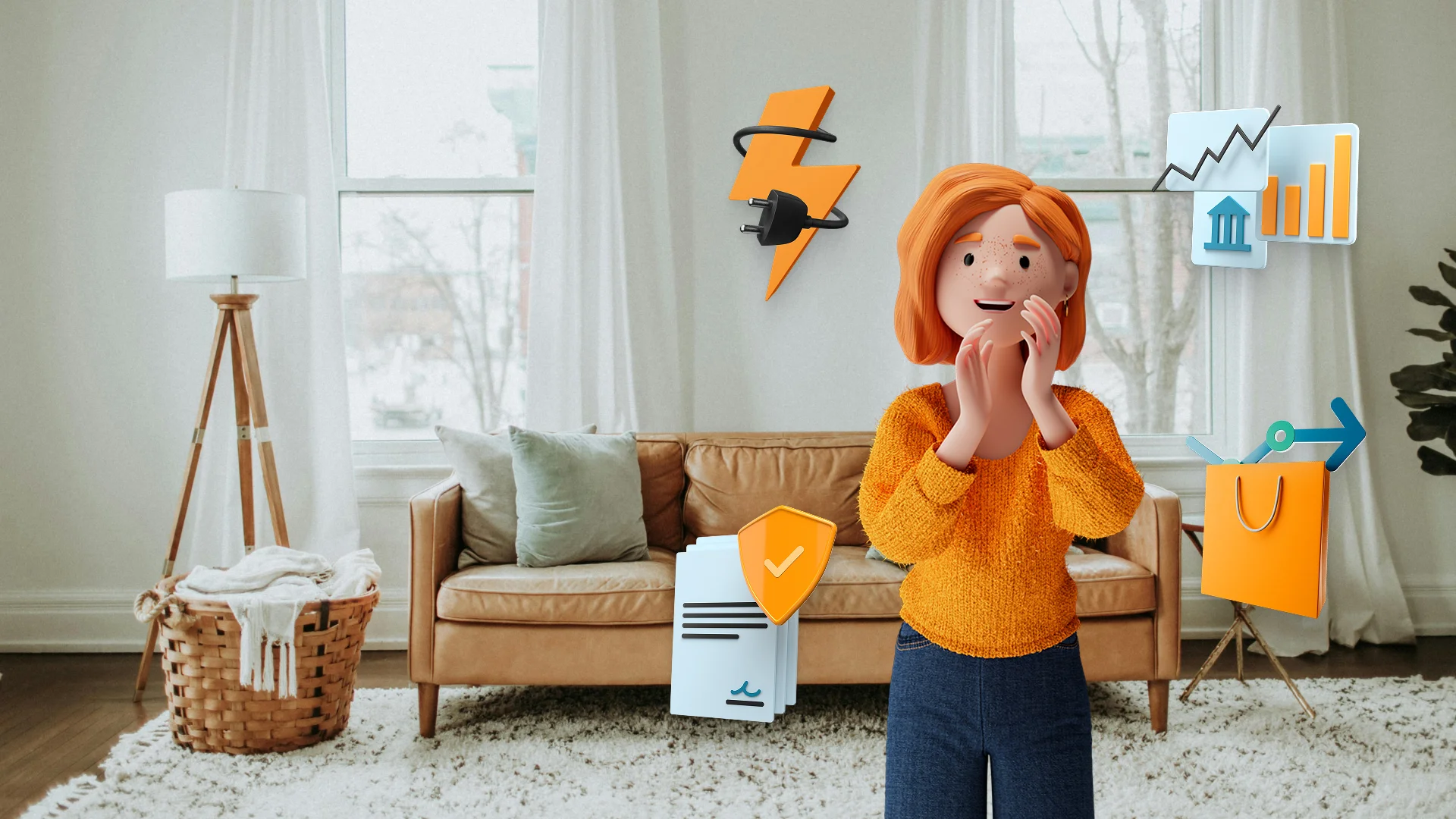 Illustration einer klatschenden Kundin in ihrem Wohnzimmer, umgeben von Symbolen für Energie, Banking, Versicherungen und Shopping – visuelle Darstellung von CRM und CX Software für Banken, Versicherungen, Einzelhandel und Energieversorger.