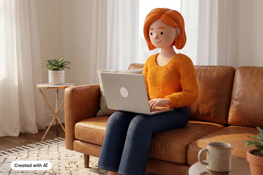 Lena Meier, treue Kundin, sitzt in einem hellen Wohnzimmer auf einem braunen Ledersofa und nutzt entspannt ihren Laptop. Zimmerpflanzen, ein Beistelltisch und eine Tasse im Vordergrund schaffen eine wohnliche Atmosphäre.