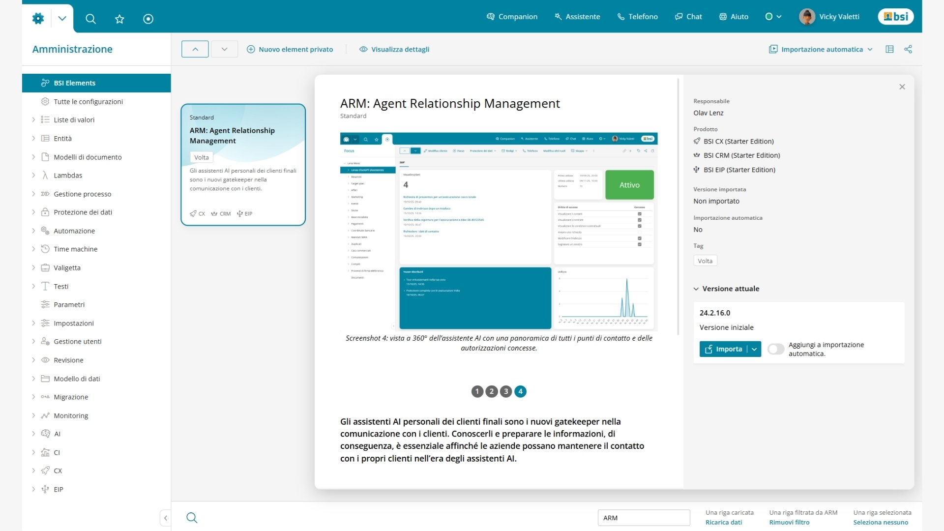 Screenshot del BSI Elements Store nella BSI Customer Suite con focus sull’elemento «Agent Relationship Management» (ARM) – panoramica di configurazione, versioning e funzioni di importazione per la gestione degli assistenti AI e l’implementazione dell’Agent Relationship Management nel Customer Relationship Management.