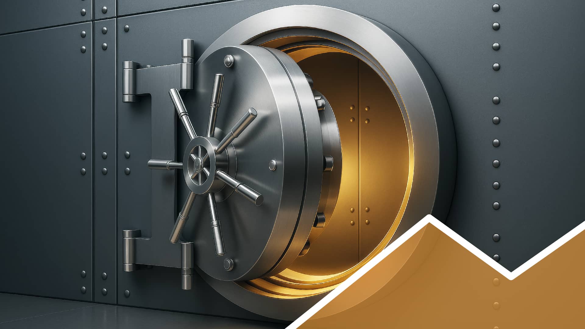Geöffneter Banktresor mit massivem Stahltürmechanismus und golden beleuchtetem Innenraum. Symbol für Sicherheit, Schutz und finanzielle Werte.