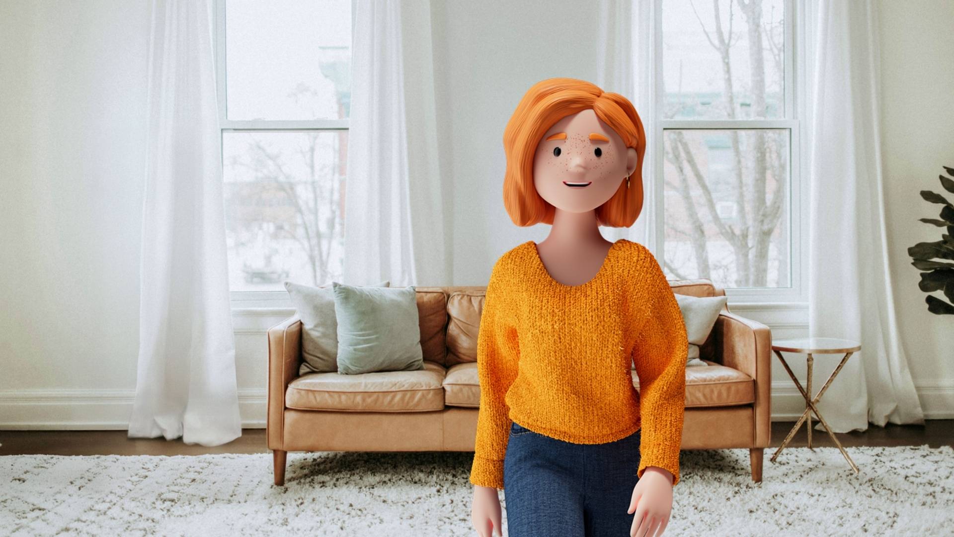 Lena Meier, a loyal customer, stands in a bright, modern living room with beige furniture and large windows.