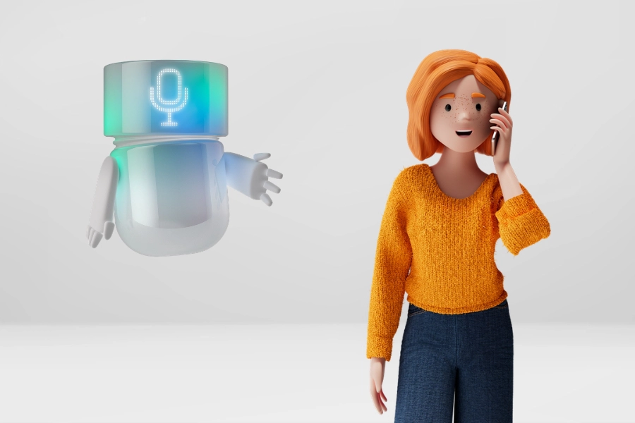 Lena Meier, treue Kundin, telefoniert mit dem BSI Voice Agent, dargestellt als blaugrüner AI Agent mit Mikrofon-Symbol. Die Szene veranschaulicht AI-gestützte Sprachinteraktion, automatisierte Kundenkommunikation und effizientes Customer Relationship Management in der BSI Customer Suite.