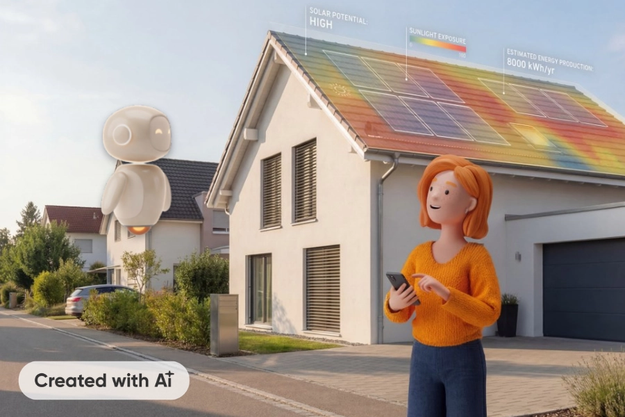 Lena Meier, cliente fedele, si trova davanti a casa sua e verifica tramite smartphone il potenziale solare del tetto, mentre la sua assistente AI Clara fluttua accanto a lei. Created with AI