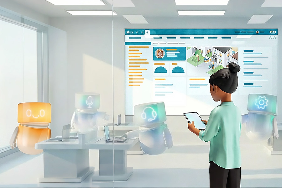 Vicky Valetti, Sales Managerin und Kundenberaterin, steht vor einer Glaswand mit Screen der BSI Customer Suite und analysiert die generative 360°-Sicht auf eine Kundin. Unterstützt von AI Agents steuert sie Touchpoints und Prozesse für effizientes Customer Relationship Management in einer modernen, digitalen Arbeitsumgebung.