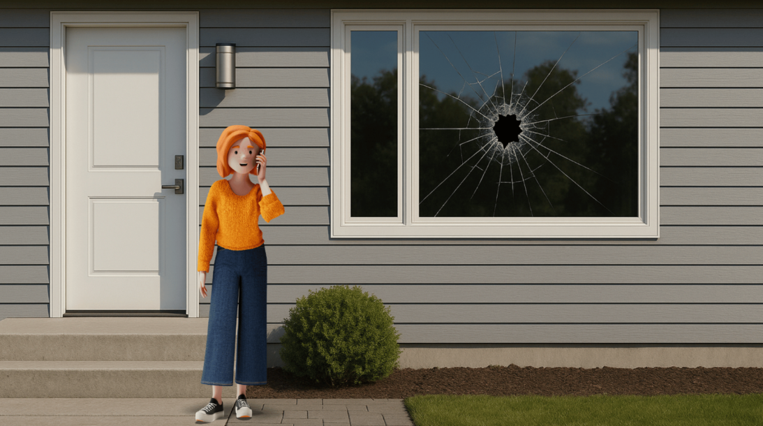 Lena mit Handy vor zerbrochener Scheibe