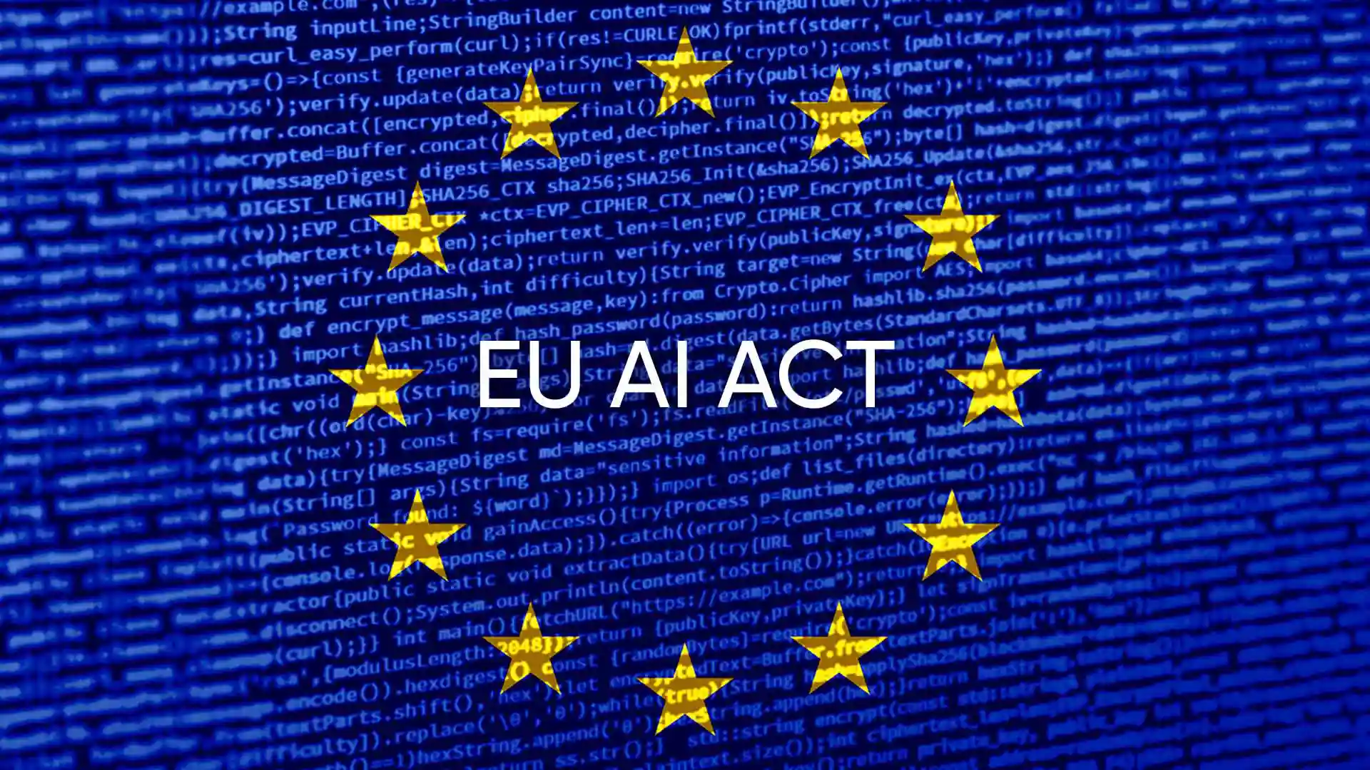 Grafik zum EU AI Act: Der Schriftzug «EU AI ACT» steht vor blau leuchtendem Programmcode und ist von zwölf gelben EU-Sternen umgeben. Das Motiv symbolisiert europäische KI-Regulierung, Datenschutz und Compliance in der Softwareentwicklung.