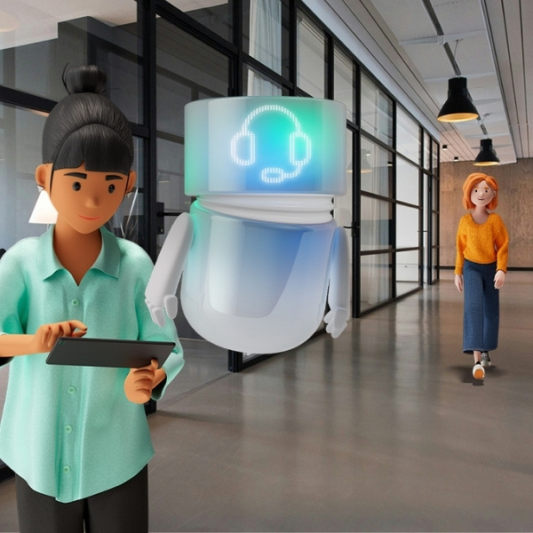 Vicky Valetti, Sales Managerin und Kundenberaterin, nutzt in einem modernen Bürogebäude ein Tablet, während sie vom BSI Service Agent unterstützt wird – einem AI Agent aus der BSI Customer Suite, dargestellt durch den blaugrünen BSI Companion mit Headset-Symbol auf dem Display. Im Hintergrund nähert sich Kundin Lena Meier – Sinnbild für personalisierten Kundenservice und effiziente Serviceprozesse im digitalen Customer Relationship Management.