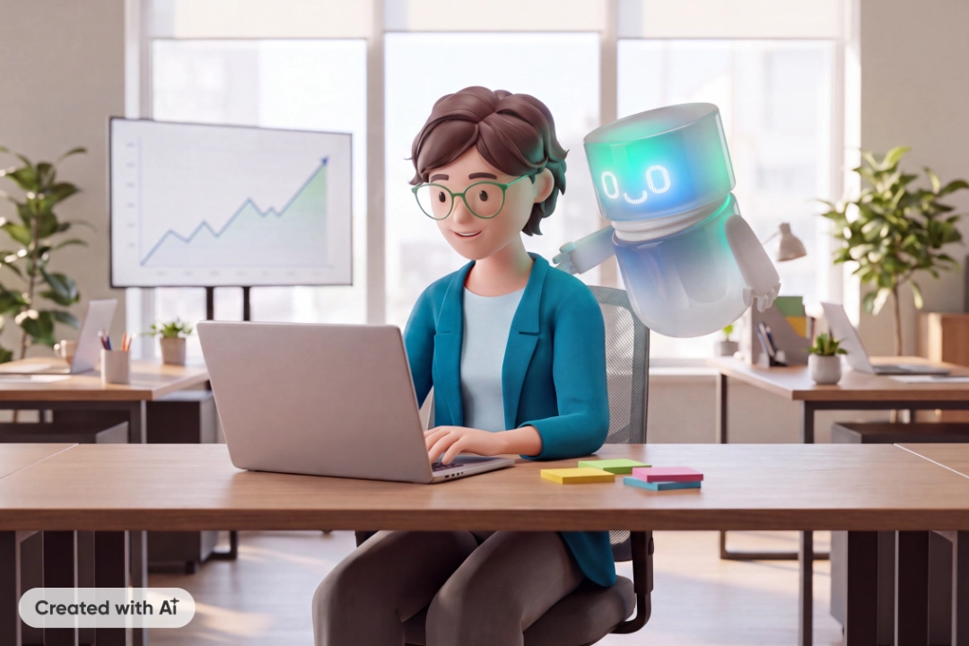 Andrea Adams, Business Analyst und begeisterte Benutzerin von BSI Elements, arbeitet am Laptop in einem modernen Büro. Ein blaugrüner AI Agent unterstützt sie bei ihrer Arbeit. Die Szene veranschaulicht die Co-Creation zwischen Mensch und künstlicher Intelligenz in der BSI Customer Suite nach dem Prinzip «Human in the Lead».