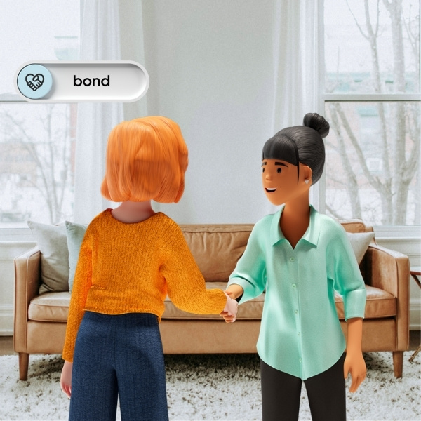 Lena Meier, the loyal customer, and Vicky Valetti, Sales Manager and Customer Advisor, shake hands in a living room – highlighting the value «bond» from the BSI Customer Value.