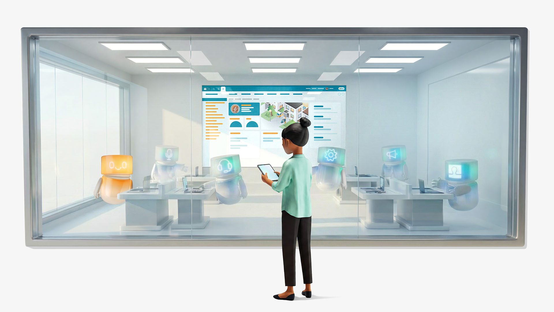 Vicky Valetti, Sales Managerin und Kundenberaterin, steht vor einer Glaswand mit Screen der BSI Customer Suite und analysiert die generative 360°-Sicht auf eine Kundin. Unterstützt von AI Agents steuert sie Touchpoints und Prozesse für effizientes Customer Relationship Management in einer modernen, digitalen Arbeitsumgebung.