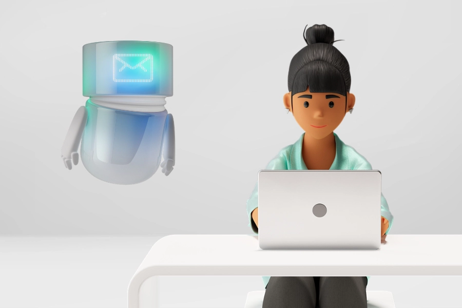 Vicky Valetti, Sales Managerin und Kundenberaterin, arbeitet am Laptop und wird von einem blaugrünen AI Mail Agent mit Briefsymbol unterstützt. Die Szene zeigt AI-gestützte E-Mail-Automation, effiziente Kundenkommunikation und optimiertes Customer Relationship Management in der BSI Customer Suite.