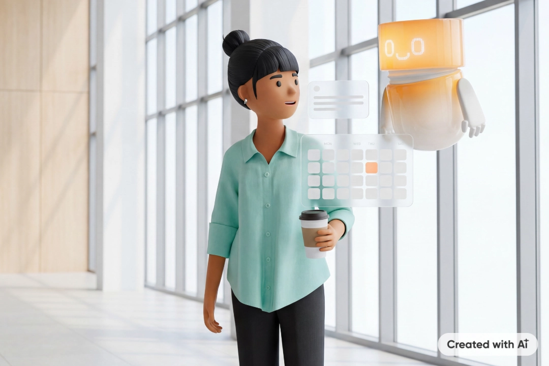 Vicky Valetti, Sales Managerin und Kundenberaterin, geht mit einem Coffee-to-go durch ein modernes Büro. Der orange AI Agent Bob unterstützt sie mit eingeblendeten Termin- und Dialoginformationen bei ihrer Arbeit in der BSI Customer Suite. Die Szene veranschaulicht Co-Working nach dem Prinzip «human in the loop».