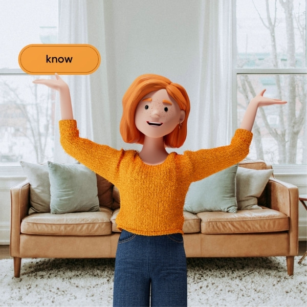 Lena Meier, the loyal customer, stands with raised arms in a cozy living room – highlighting the value «know» from the BSI Customer Value.