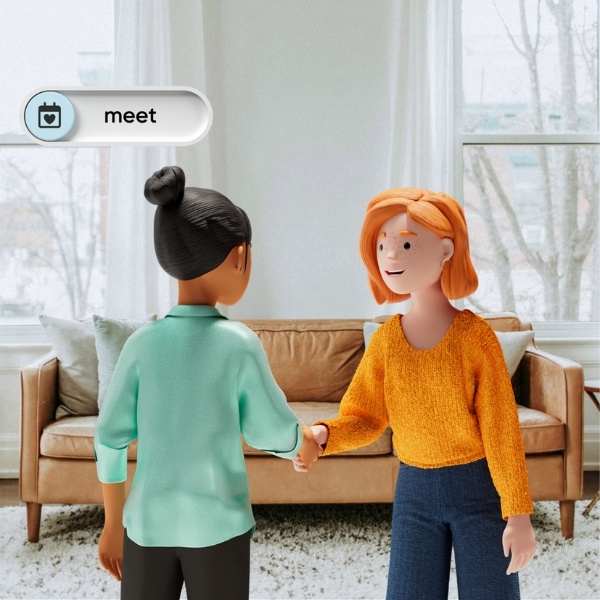 Lena Meier, the loyal customer, and Vicky Valetti, Sales Manager and Customer Advisor, greet each other with a handshake in a living room – highlighting the value «meet» from the BSI Customer Value.