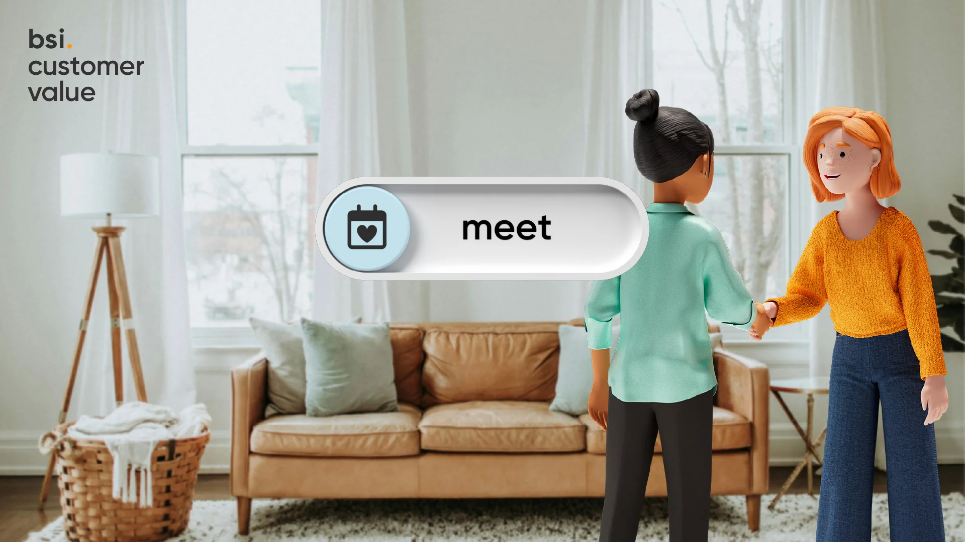 Vicky Valetti, Sales Managerin und Kundenberaterin, begrüsst die treue Kundin Lena Meier in einem Wohnraum. Ein schwebendes Kalender-Icon mit dem Begriff «meet» steht für persönliche Kundentermine, Customer Engagement und den Aufbau langfristiger Kundenbeziehungen mit der BSI Customer Suite.