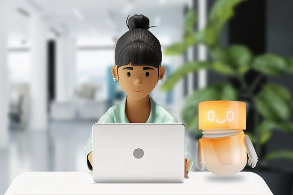 Vicky lavora al suo laptop in un ufficio moderno, accanto a lei si trova il Companion – simbolo di supporto intelligente nel lavoro quotidiano.