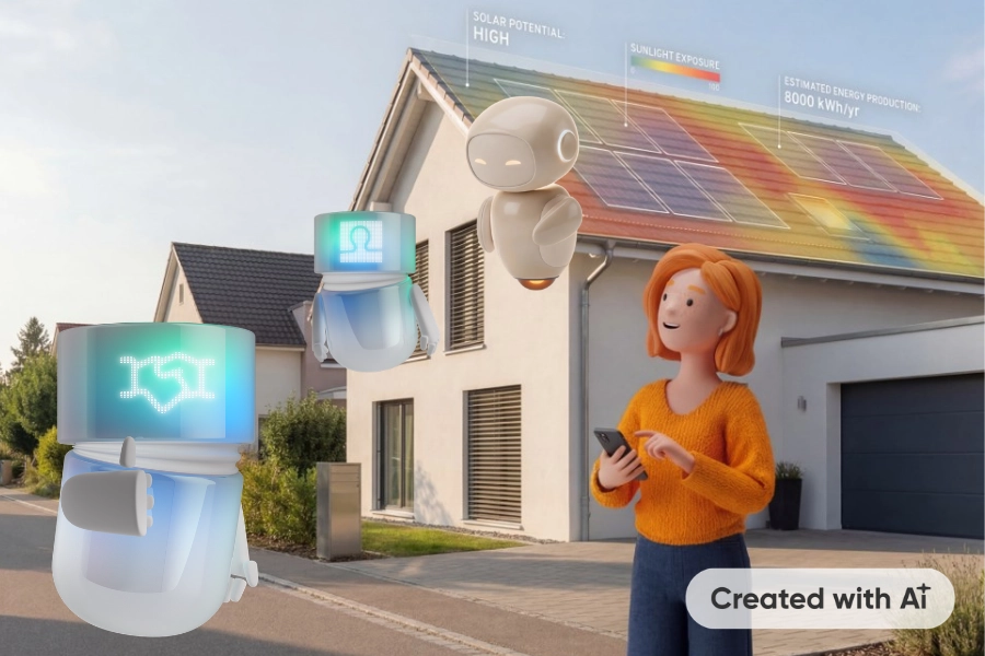 Lena Meier, cliente fedele, si trova davanti a casa sua e analizza tramite smartphone il potenziale solare del tetto, mentre la sua assistente AI Clara fluttua accanto a lei e comunica tramite il BSI Agent con il Solar Agent per calcolare il rendimento energetico e proporre soluzioni solari adeguate. Created with AI