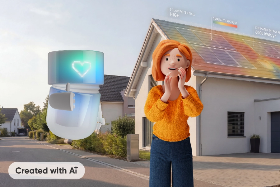 Lena Meier, cliente fedele, è felice davanti alla sua casa con impianto solare, mentre un service agent la informa in modo proattivo sullo stato, sull’implementazione e sui prossimi passi della sua soluzione solare, garantendo una customer experience fluida. Created with AI