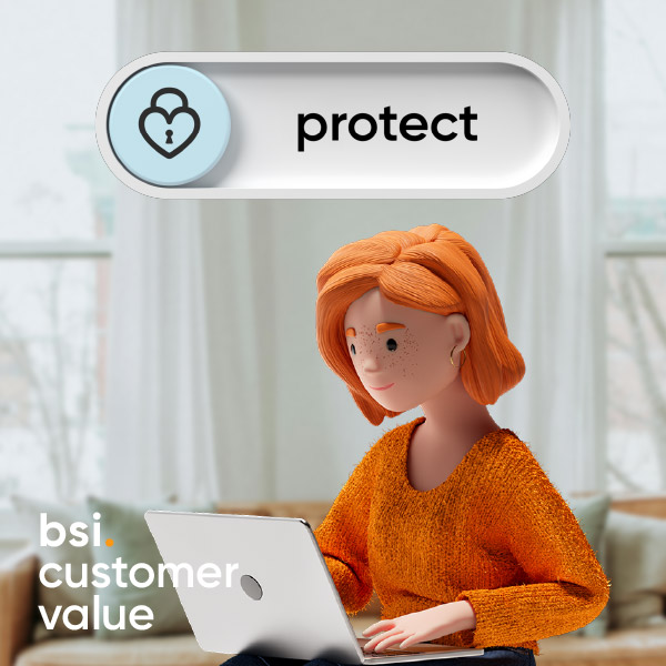 3D illustration of a woman with orange hair sitting on a sofa, working on a laptop in a bright living room. Next to her floats a UI element with a heart-lock icon and the word “protect”. Visualization of BSI Customer Value and customer relationship management focused on protecting customer data.