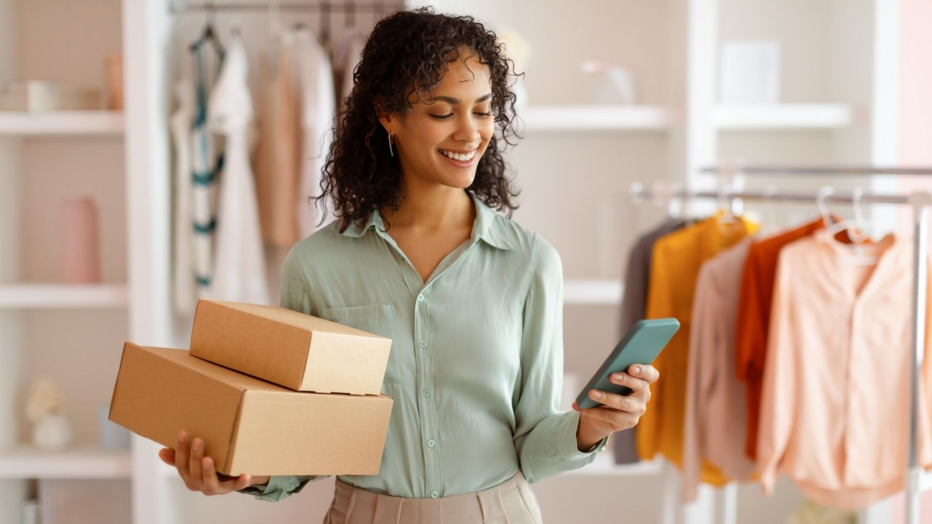 Junge Frau im Fashion-Store mit zwei Versandboxen in der Hand und Smartphone, nutzt Mobile Shopping und Omnichannel-Services für ein personalisiertes Customer Experience Management im Retail und E-Commerce.