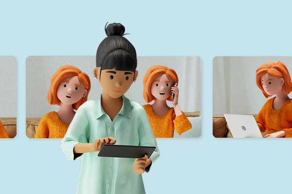 Vicky Valetti uses a tablet to review the generative 360° customer view of loyal customer Lena Meier in the BSI Customer Suite. Background scenes show Lena interacting by phone and laptop, supporting personalized omnichannel customer relationship management.