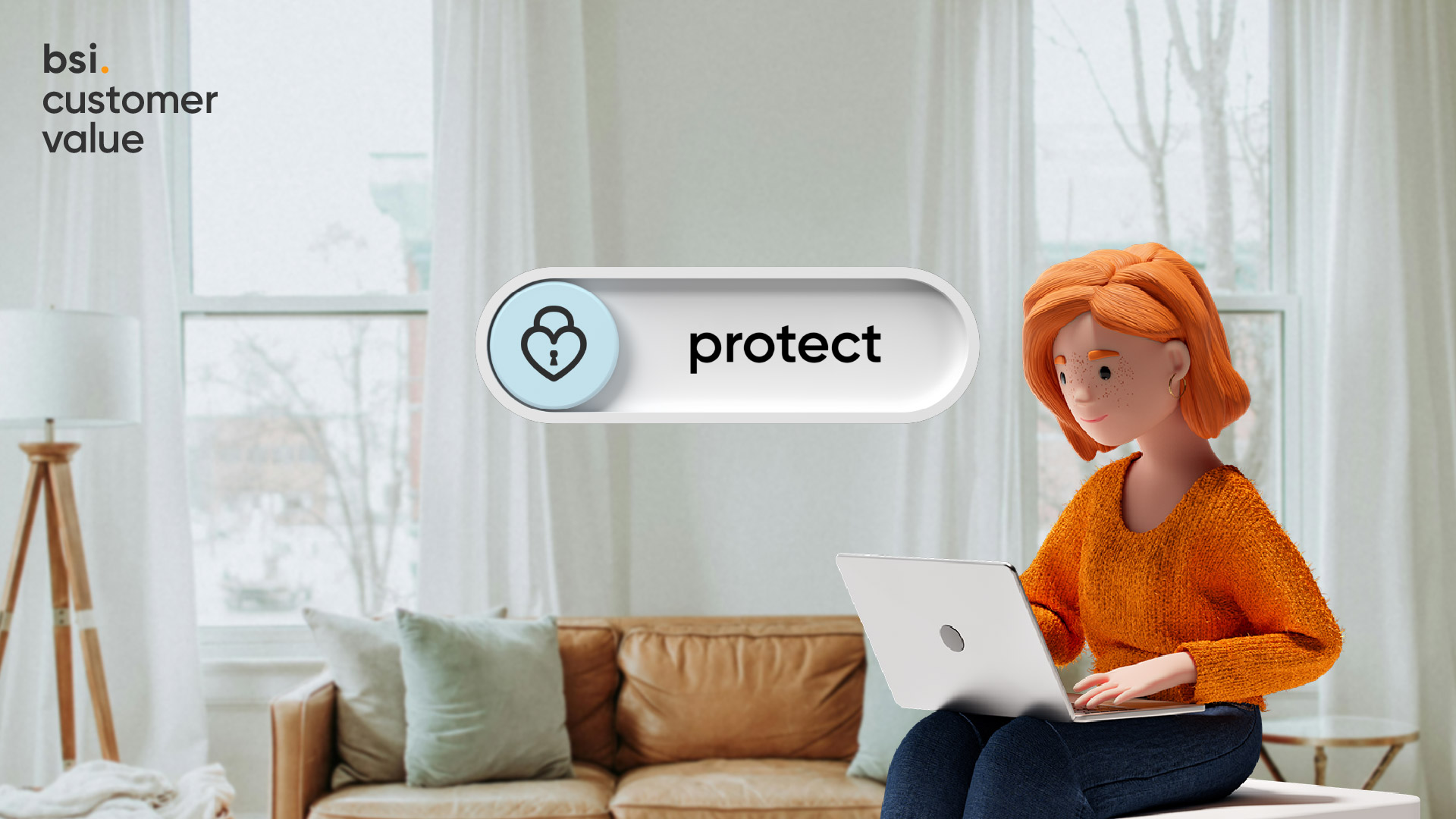 3D illustration of a woman with orange hair sitting on a sofa, working on a laptop in a bright living room. Next to her floats a UI element with a heart-lock icon and the word “protect”. Visualization of BSI Customer Value and customer relationship management focused on protecting customer data.