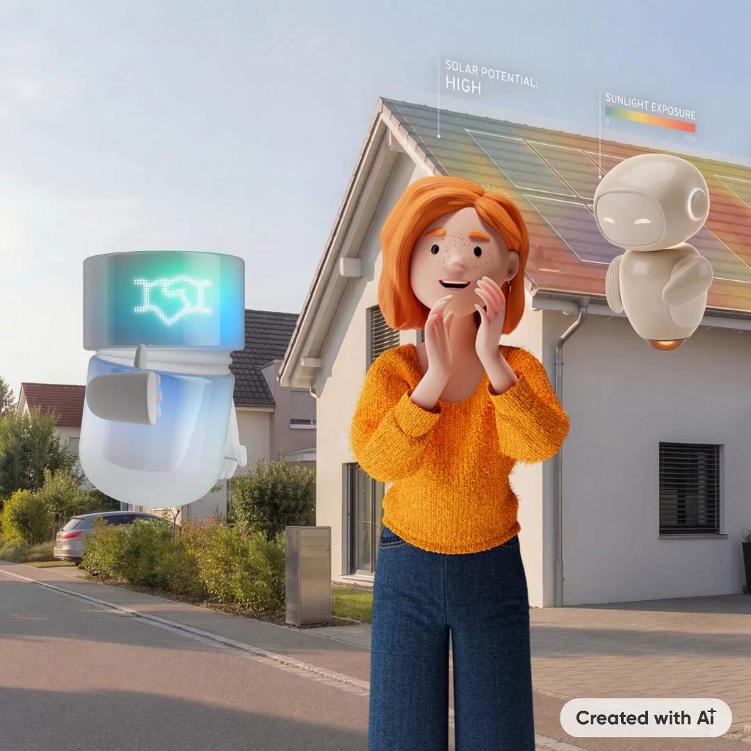 Lena Meier, treue Kundin, steht vor ihrem Haus und analysiert per Smartphone das Solarpotenzial ihres Dachs, während ihre AI-Assistentin Clara neben ihr schwebt und über den BSI Agent mit dem Solar Agent kommuniziert, um Energieertrag zu berechnen und passende Solarlösungen bereitzustellen. Created with AI