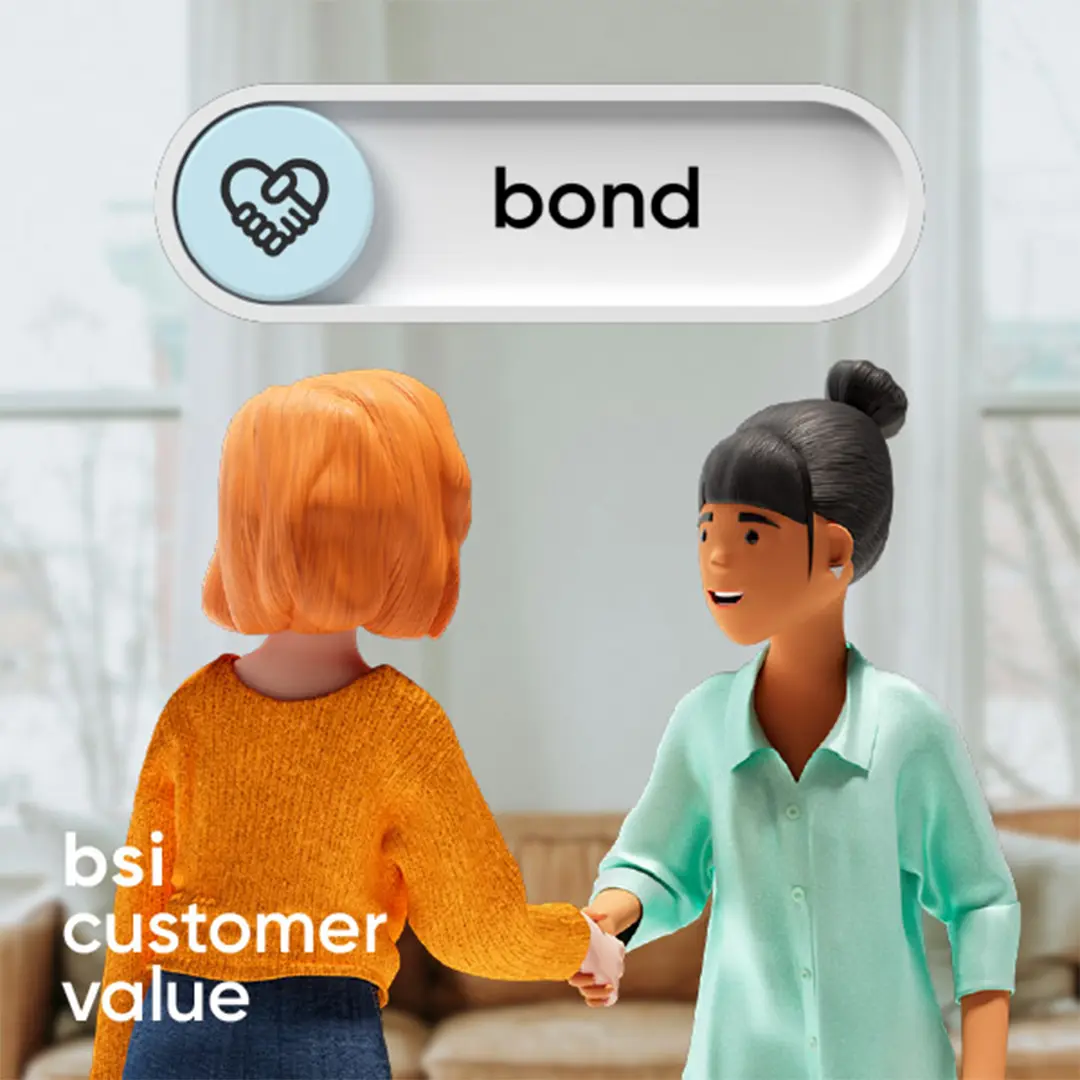 Vicky Valetti, Sales Managerin und Kundenberaterin, schüttelt ihrer Kundin Lena Meier in einem hellen Wohnzimmer die Hand. Die 3D-Illustration zum BSI Customer Value «Bond» zeigt die persönliche Verbindung zwischen Kundinnen und Kunden und Unternehmen. Ein Handschlag-Symbol unterstreicht die Bedeutung langfristiger Kundenbeziehungen.