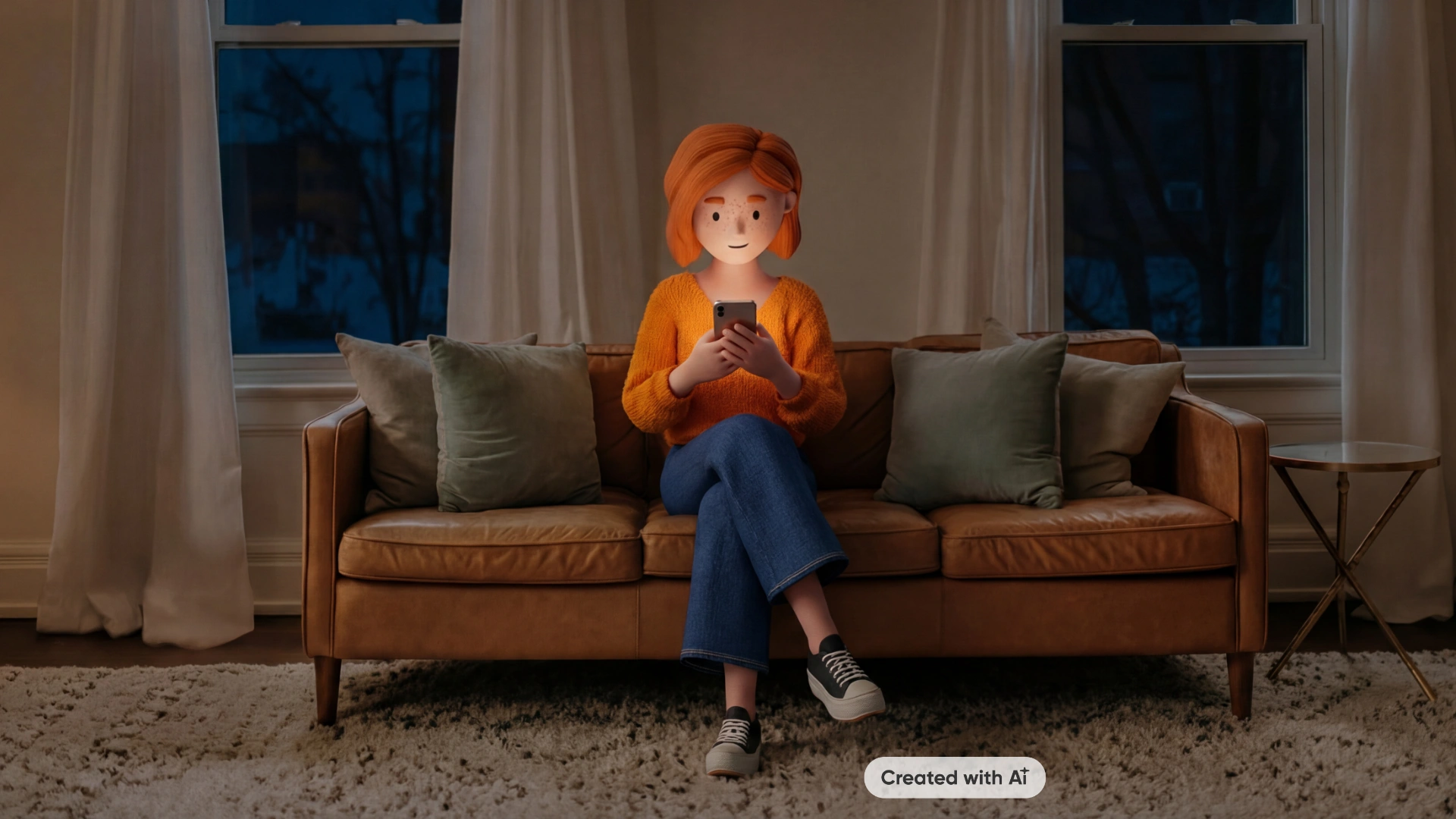 Lena Meier, cliente fedele, è seduta rilassata sul divano nel soggiorno di sera mentre usa lo smartphone. Ha capelli corti rossi, un viso amichevole con lentiggini, indossa un maglione arancione, jeans e sneakers e appare calma e concentrata. Created with AI