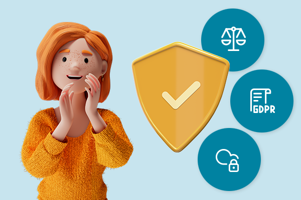 Lena freut sich über Datensicherheit und Datenschutzkonformität. Neben ihr sind Symbole für Recht, GDPR und Cloud-Sicherheit sowie ein goldenes Schild mit Häkchen zu sehen – Symbol für Vertrauen und Schutz.