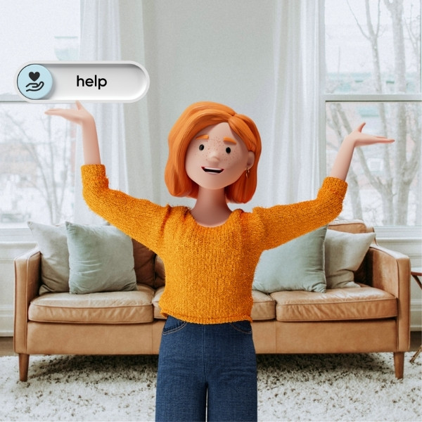 Lena Meier, the loyal customer, stands with open arms in a welcoming living room – highlighting the value «help» from the BSI Customer Value.