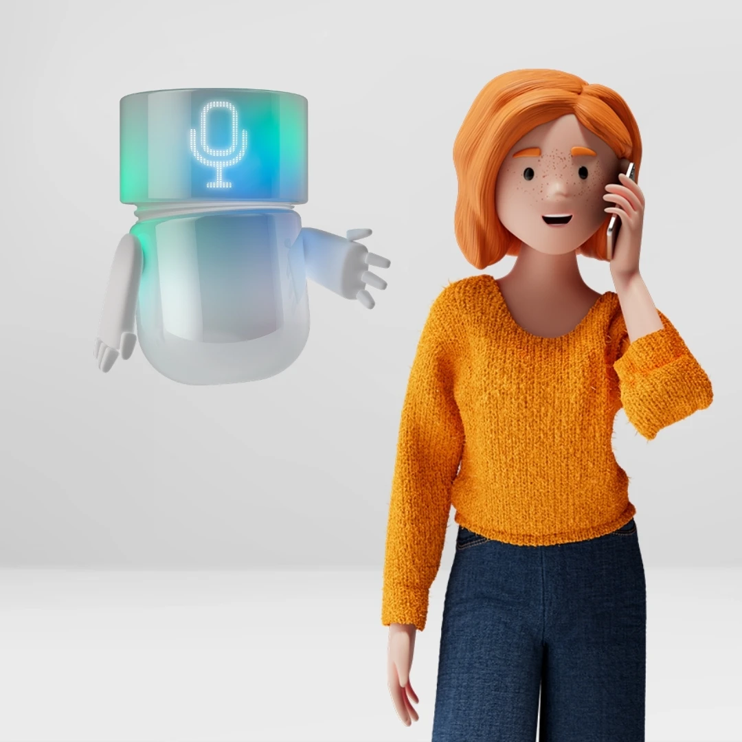 Lena Meier, treue Kundin, telefoniert mit dem BSI Voice Agent, dargestellt als blaugrüner AI Agent mit Mikrofon-Symbol. Die Szene veranschaulicht AI-gestützte Sprachinteraktion, automatisierte Kundenkommunikation und effizientes Customer Relationship Management in der BSI Customer Suite.