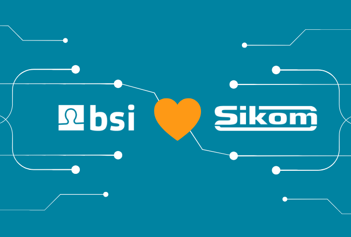 Grafik zur Übernahme der Sikom GmbH durch BSI: BSI- und Sikom-Logo sind durch ein Herzsymbol verbunden, umgeben von stilisierten digitalen Verbindungen. Visualisiert die Integration von Customer Experience, Contact Center und Omnichannel-Kommunikation in einer gemeinsamen Customer-Relationship-Management-Plattform.